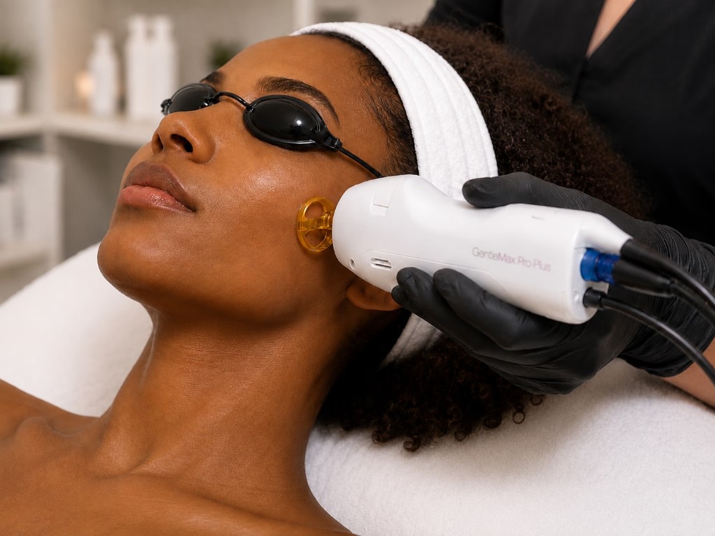 Laser Facial im Gesicht mit dem Candela GentleMax Pro Plus, Kundin mit Laserschutzbrille